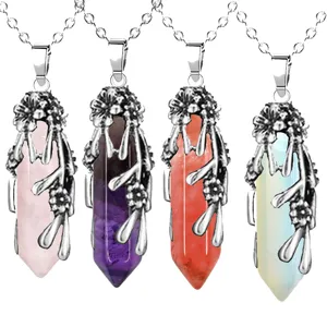 Mode Legierung Pflaumenblüte Hexagonal Kristall Punkt Anhänger Halskette Vintage Kugelkopf Edelstein Kristall Halskette Für Damen Herren Schmuck