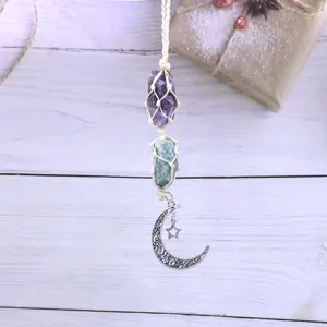 Handmade raw crystal hanging ornament with macrame net pocket, moon and star charm pendant decor.