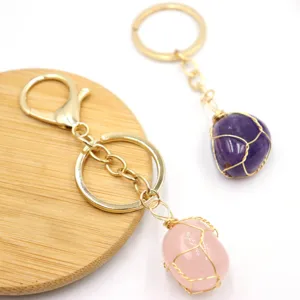 Wire wrapped natural crystal keychain gemstone pendant bag charm cute aesthetic accessories