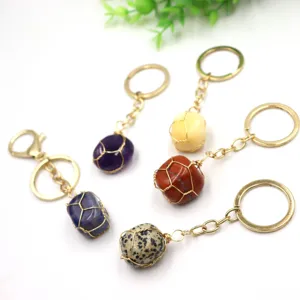Natural gemstone wire wrapped keychain crystal pendant irregular stone keyring bag accessory