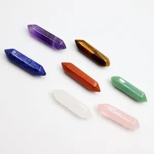 Set of seven polished natural crystal chakra wands for healing meditation and home decor.