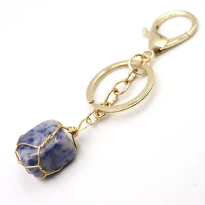 Natural stone wire wrapped keychain with gold tone metal hardware stylish bag charm accessory