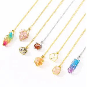 Natürliche Rohkristallstein Mesh Beutel Anhänger Halskette Einstellbare Metall Bambusknoten Gliederkette Amethyst Rosenquarz Kristall Schmuck