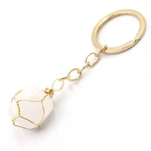 Wire wrapped crystal stone keychain detail, gold plated ring pendant bag charm accessory