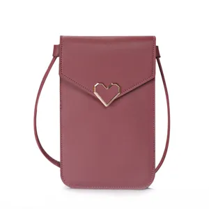 Women mini phone crossbody bag PU leather cute heart metal buckle stylish shoulder small purse
