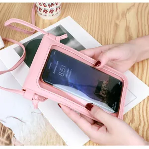 Pink PU leather mini cross-body phone bag with clear touch screen window for women daily use