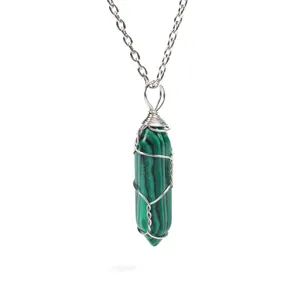 Handmade wire wrapped natural green stone hexagonal pillar crystal pendant necklace for daily