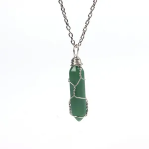 Handmade wire wrapped green crystal hexagonal column natural stone pendant necklace for women.