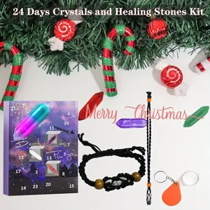 24 Days Crystals and Healing Stones Kit with Christmas advent calendar box and natural stones.