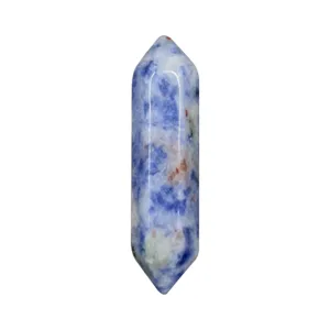 Natural stone crystal double-pointed hexagonal column detail shot showing unique blue texture.