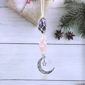 Natural gemstone crystal hanging ornament with raw amethyst rose quartz and moon star charms.