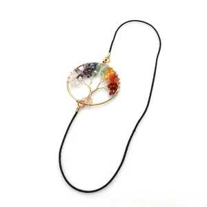 Marcapáginas artesanal de alambre con piedras de cristal y cordón elástico árbol de la vida.