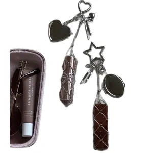 Minimalist silver metal bag charm keychain with heart mirror and mesh pouch pendant chic stylish