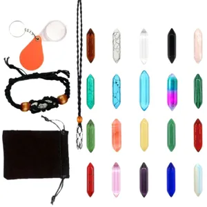 Crystal gemstone pendant necklace set with pouch magnifying glass and braided rope accessories