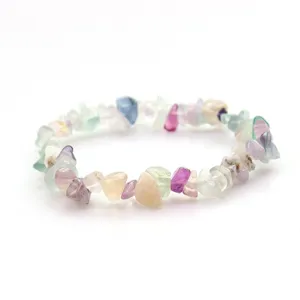 Close-up detail view of the multicolored natural crystal chip gemstone stretch bracelet.