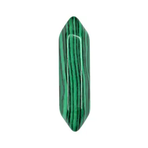 Double terminated malachite crystal bullet column detail view, natural gemstone pendant.