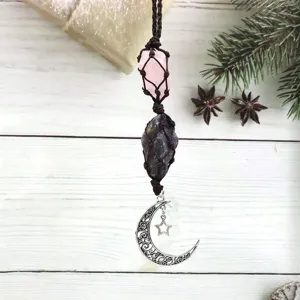 Handmade raw crystal car hanging ornament with amethyst pink quartz moon star pendant detail