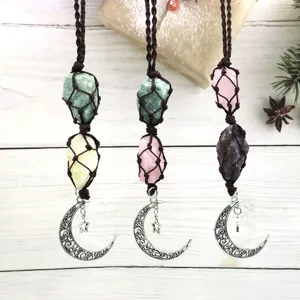 Handmade raw crystal stone pendant with metal moon and star charms, perfect for car hanging decor.