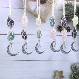 Natural Crystal Stone Car Hanging Ornament Hand Woven Moon Star Suncatcher Raw Amethyst Rose Quartz Home Decor Gift