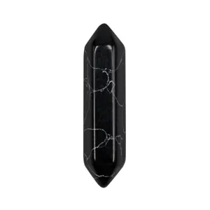 Black double terminated crystal pillar detail shot, natural stone hexagonal column.