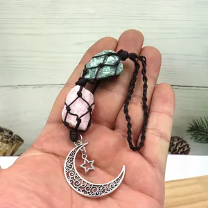 Handmade raw crystal stone net pouch car hanging pendant with metal moon and star charms.