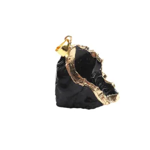 Natürlicher schwarzer Kristall Rohstein Anhänger vergoldet DIY Halskette Schmuck Zubehör