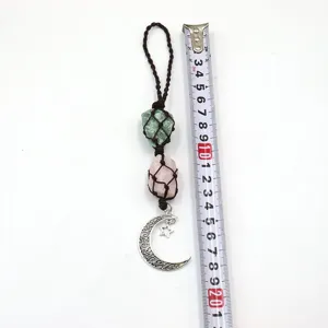 Handmade raw crystal car hanging ornament with braided net pocket, moon and star pendant.