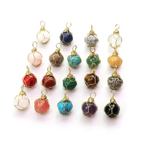 Handgefertigte Drahtwicklung Natur Kristall Stein Rund Kugel Anhänger Halskette Unregelmäßiger Roher Stein Geometrie Kristall Quarz Charme Anhänger Mode Schmuck