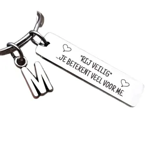Stainless steel keychain with letter M charm and engraved message tag for daily use gifts.