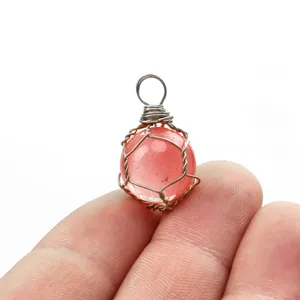 Handgemachter drahtverpackter runder rosa kristall stein anhänger für halskette schmuck machen
