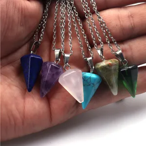 Sechseckiger Kegel Kristall Pendel Halskette Detail, Edelstein Anhänger Set Schmuck.