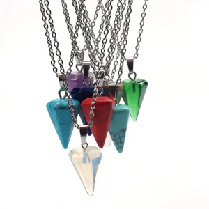 Sechseckiger Konus Kristall Stein Anhänger Halskette mit Silber Kette für Schmuck DIY.
