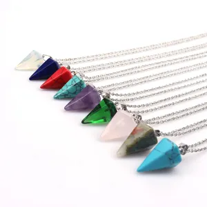 Sechseckiger Kegel Kristall Anhänger Halskette Natürlicher Amethyst Tigerauge Edelstein Reiki Heilung Pendel DIY Schmuck Unisex