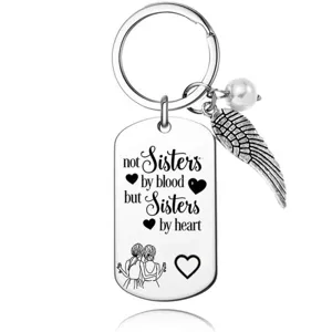 Stainless Steel Friendship Keychain For Sisters Engraved Tag With Wings Artificial Pearl Pendant Birthday Graduation Gift For Women Friends