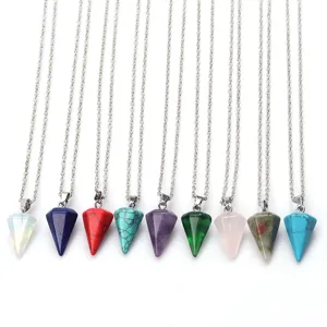 Bunte sechseckige Konus Kristall Stein Anhänger Halsketten mit Silberketten für DIY Schmuck.