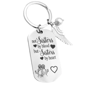 Stainless steel best friend keychain with pearl and wing charm, sister gift stainless steel tag.