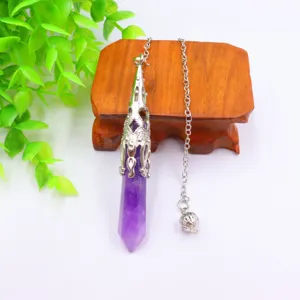 Detail shot of natural amethyst crystal hexagonal prism pendulum necklace for women.