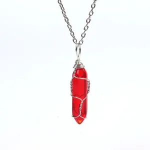 Red Crystal Hexagonal Pillar Wire Wrapped Pendant Necklace Silver Chain Fashion Jewelry Gift
