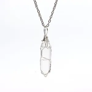 Natural Clear Quartz Hexagonal Prism Wire Wrapped Crystal Pendant Necklace Silver