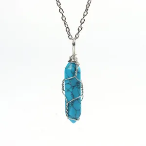 Blue crystal hexagonal pillar pendant necklace with handmade wire wrap, stylish silver chain.