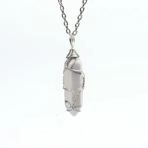 White stone hexagonal crystal pendant necklace with wire wrap silver chain variant style