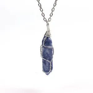 Handmade wire wrapped hexagonal crystal stone pendant necklace with silver chain.