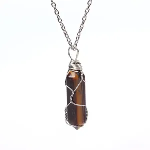Handmade wire wrapped natural tiger eye stone hexagonal pillar crystal pendant necklace