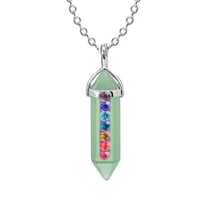 Stainless steel crystal hexagonal column pendant necklace with colorful rhinestones