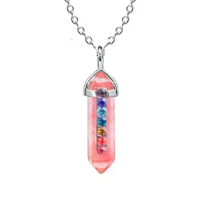 Pink crystal hexagonal pillar pendant necklace with colorful rhinestone details for daily wear.