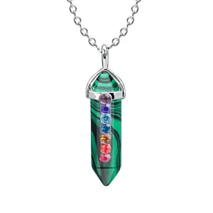 Green malachite hexagonal bullet pendant necklace with colorful crystal rhinestones.
