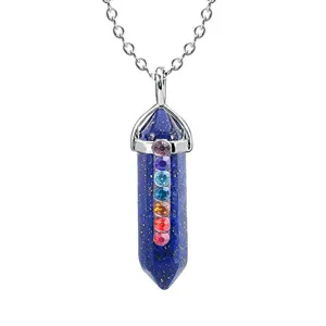 Hexagon crystal pillar pendant necklace with colorful rhinestones and metal chain details