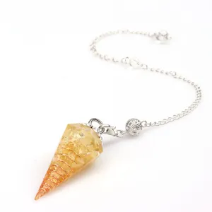 Crystal resin pendulum pendant with copper wire wrapping and silver chain for dowsing and healing