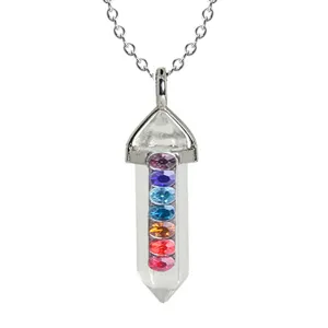 Crystal bullet column pendant necklace with multi-color rhinestones and alloy chain for women.