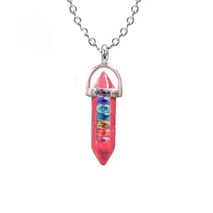 Chakra healing crystal bullet hexagonal pendant necklace with colorful rhinestones alloy chain